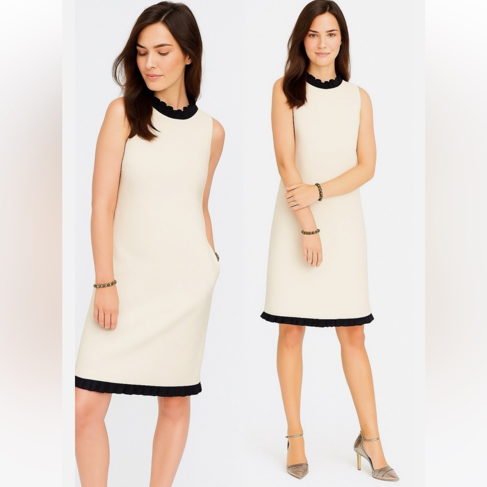 J Crew Cream and Black Sleeveless Ruffle Stretch Sheath Dress